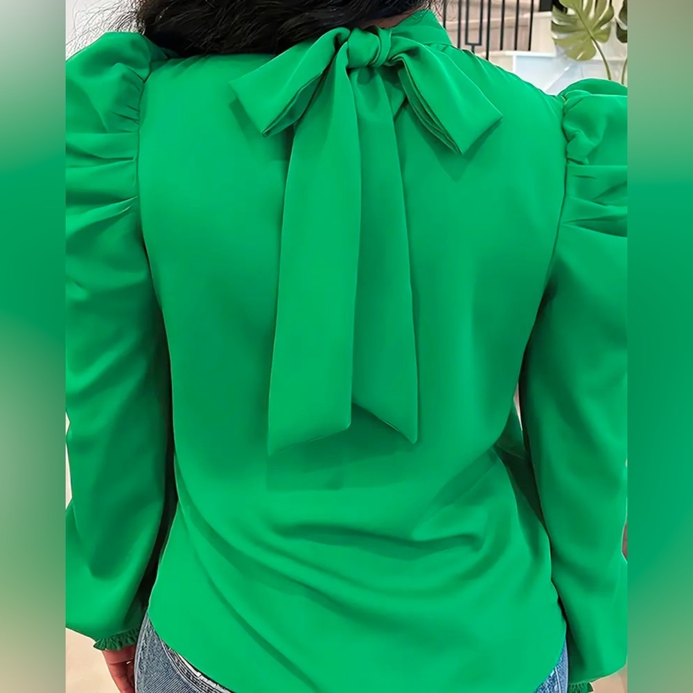 Elegant Puff Long Sleeve Blouse with Stand Collar  & Tie Back